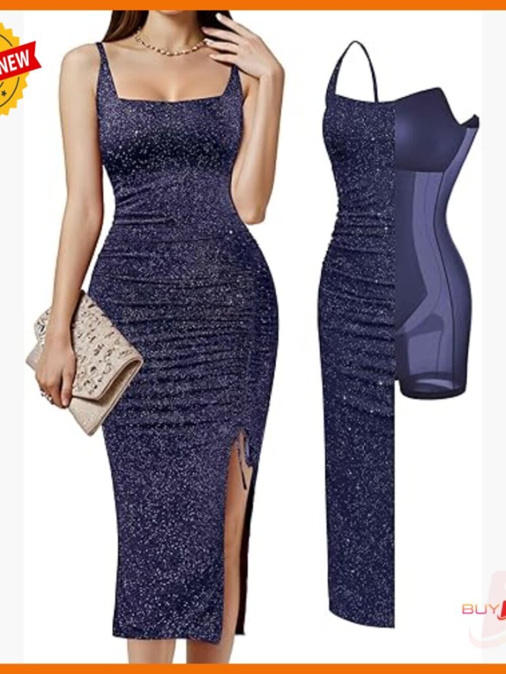 Sparkly Formal Midi Dress with Built-In Shapewear, Square Neck, Side Slit
